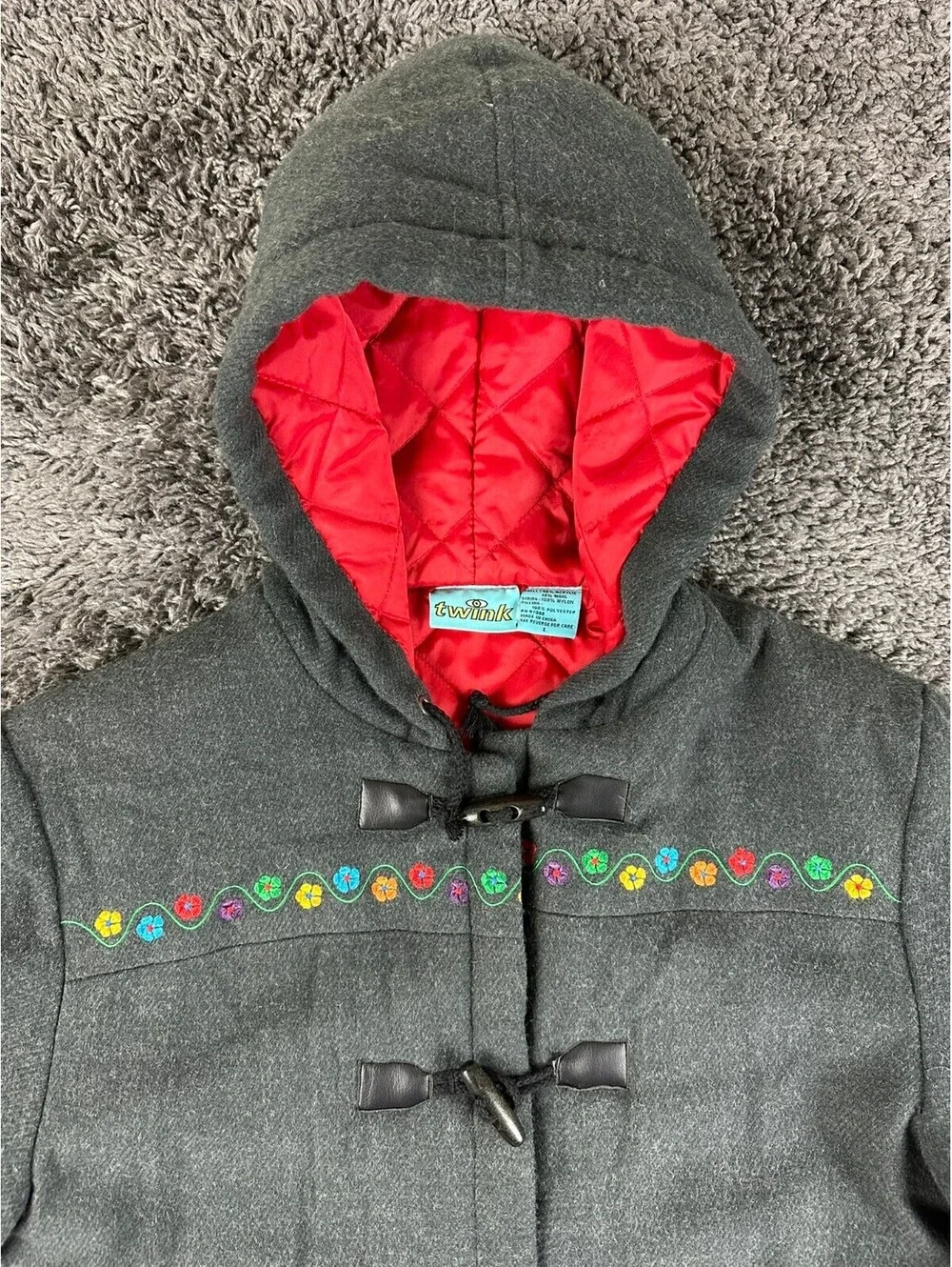 Vintage Delias Twink Duffle Coat Womens L Gray Floral Embroidered Toggle Hooded